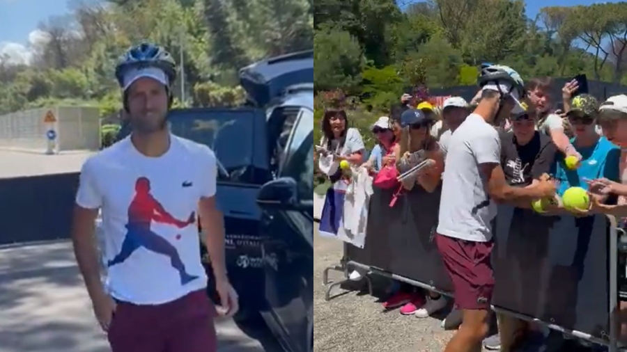 Djokovic firma autógrafos con casco tras recibir un golpe con una botella