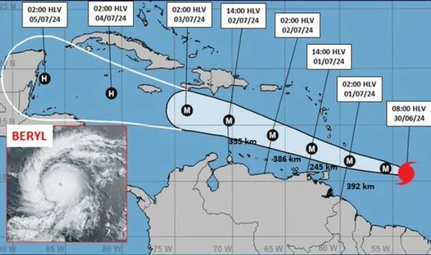 Huracán Beryl pasará a más de 300 kilómetros de las costas venezolanas, reporta el Inameh